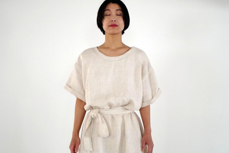 半袖リボン付ワンピース【リネン混ガーゼ】 - 洋裝/連身裙 - 棉．麻 