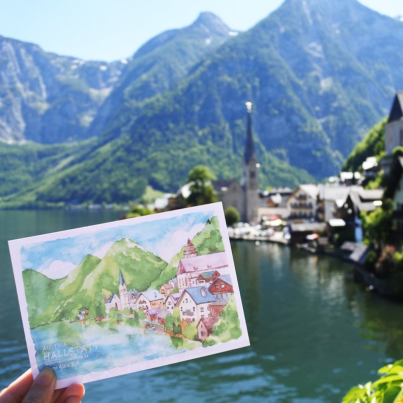 Rami Europe Travel Watercolor Hand-painted Wind Postcard-Stuart Postcard Scenic Town in Austria - Cards & Postcards - Paper Green