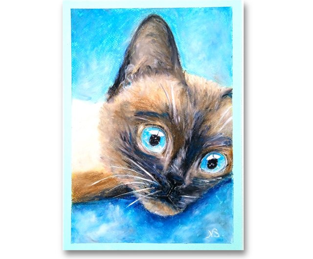 シャム猫の絵画オリジナル子猫オイルパステルアートワーク手作り