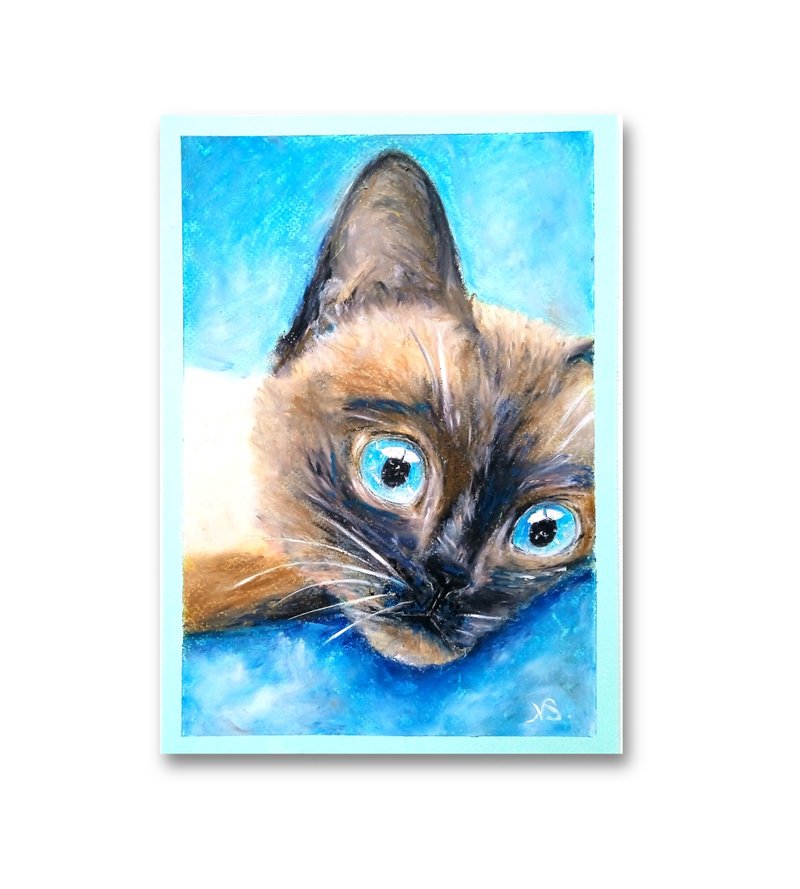 Siamese Cat Painting Original Kitten Oil Pastel Artwork Handmade Wall Art - Wall Décor - Paper Multicolor