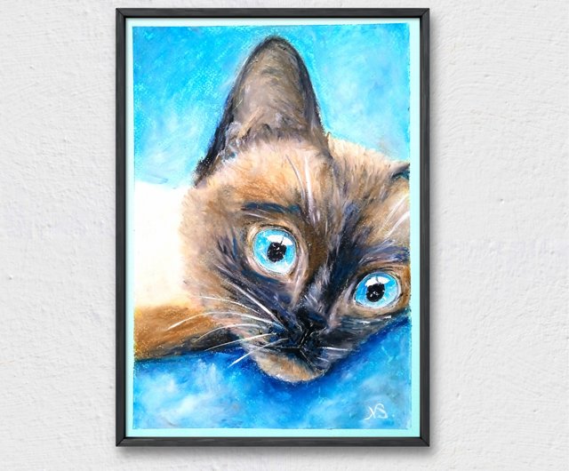 特価商品  シャム猫の絵画オリジナル子猫オイルパステルアートワーク手作り 絵画