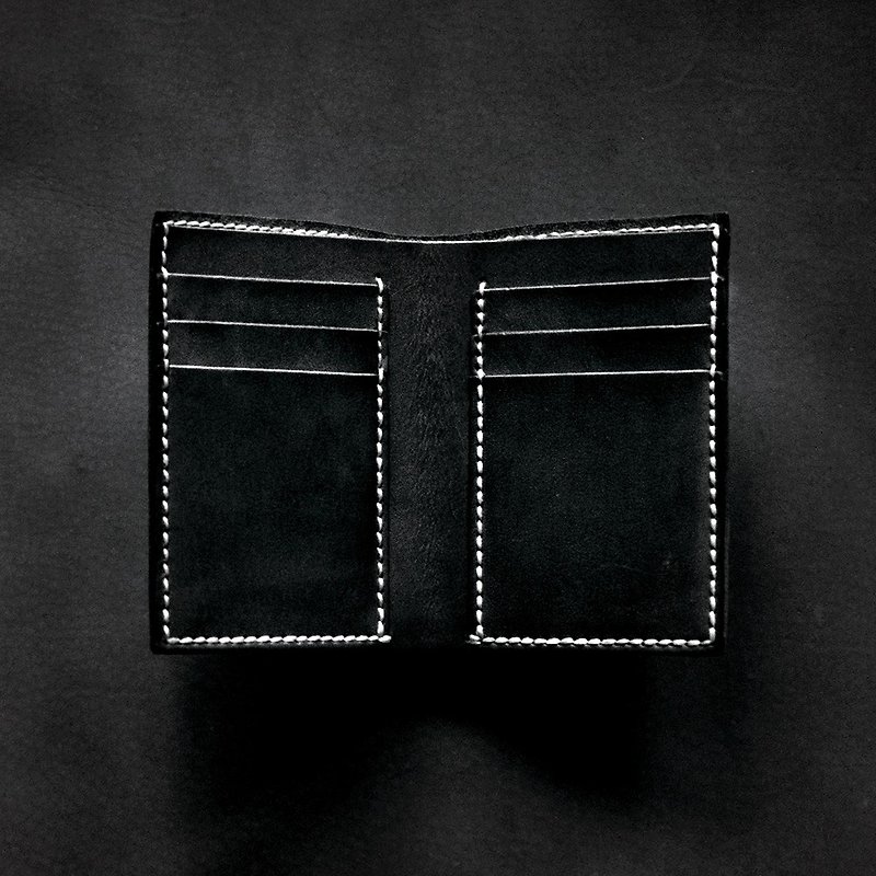 6 Card Short Wallet II。Leather Stitching Pack。BSP037 - กระเป๋าสตางค์ - หนังแท้ สีดำ