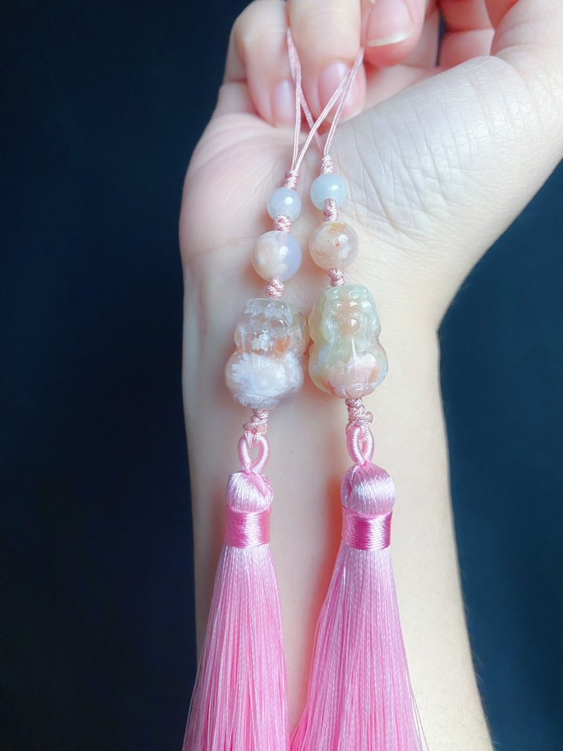 天然翡翠 櫻花瑪瑙 貔貅 包掛 招財 天然石 禮物 手機掛 - 手機掛繩/背帶 - 水晶 粉紅色
