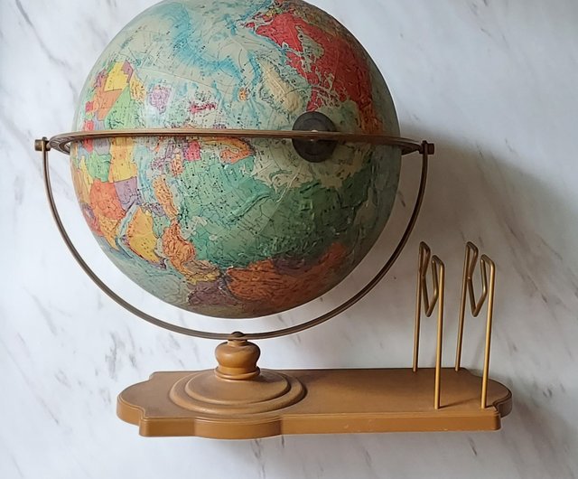 大きめ　地球儀　金属製　海外製　アンティーク雑貨 1960年代 ソ連時代 アメリカ製 日本語版・ブロンズ色の金属製