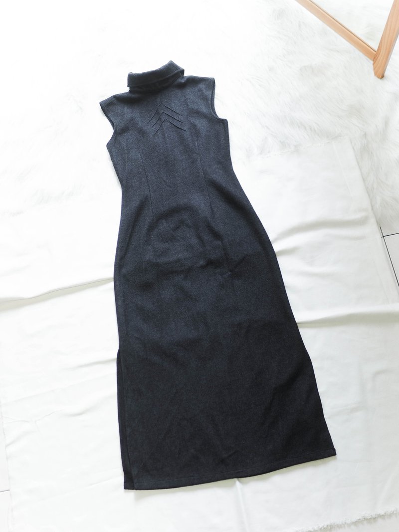 獨立灰東方優雅性格青澀少女 古董軟絨立領連身洋裝長裙 dress - 洋裝/連身裙 - 棉．麻 灰色