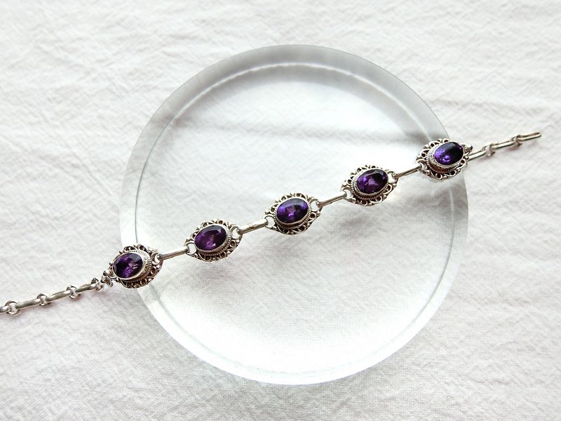 紫水晶925純銀花邊手鍊 尼泊爾手工銀飾 - 手鍊/手環 - 寶石 銀色