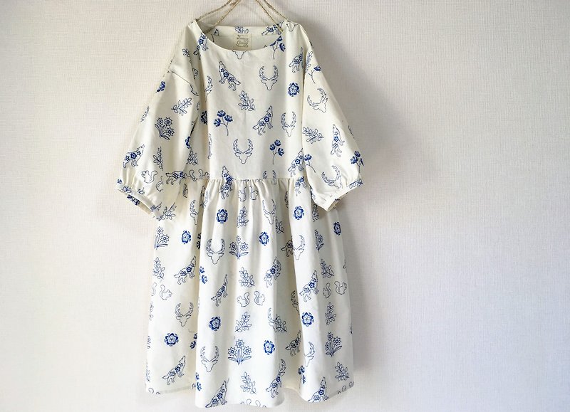 Embroidery Flower and Animal White Gather One Piece Dress - One Piece Dresses - Cotton & Hemp White
