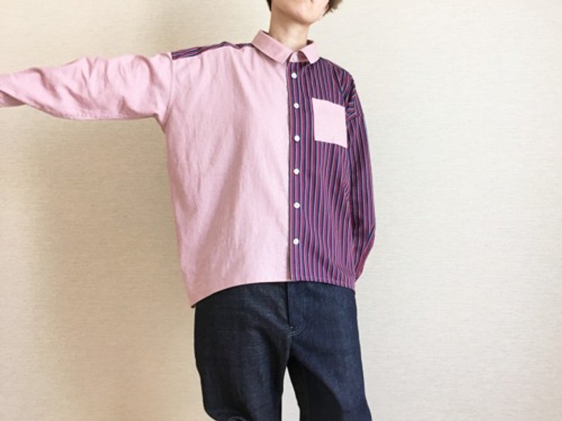 Yuru Shirt 001/Pink x Enji Stripe - เสื้อผู้หญิง - ผ้าฝ้าย/ผ้าลินิน สึชมพู