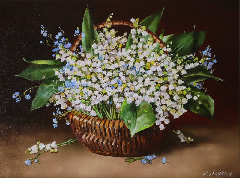 Lilies of the Valley in Basket Original Oil Painting, Floral Still life Wall Art - ตกแต่งผนัง - วัสดุอื่นๆ หลากหลายสี