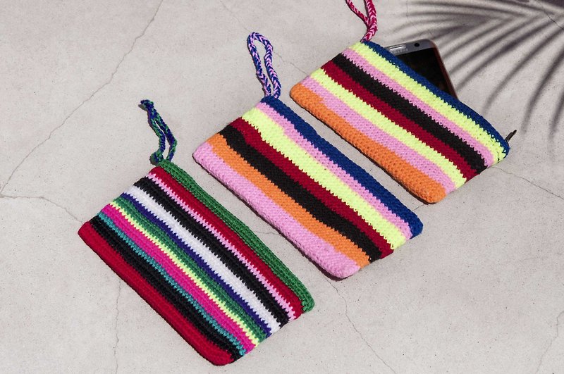 Mobile phone bag crocheted mobile phone bag mobile phone case earphone bag leisure card case travel bag coin purse-stripe - เคส/ซองมือถือ - ขนแกะ หลากหลายสี