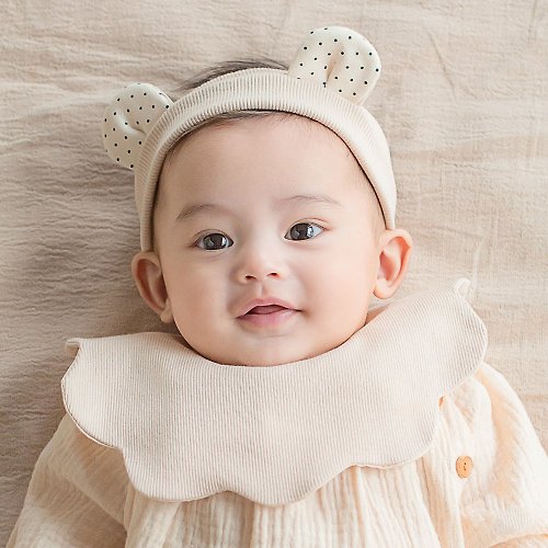 日安朵朵 Happy Prince 韓國製 Creamy熊熊嬰兒童髮飾+花瓣圍兜2件組