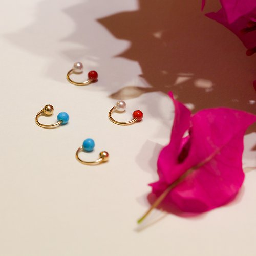 stella-jewelry Turquoise & 14kgf beads, Coral & Swarovski Pearl 2Way Ear cuff
