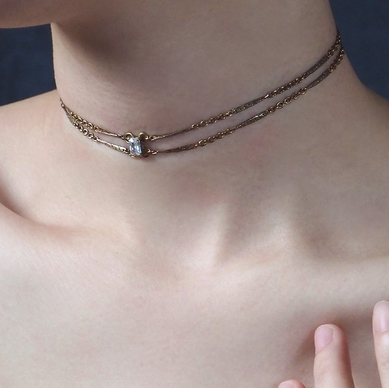 Classic Stone double row Bronze choker necklace - Necklaces - Copper & Brass Gold