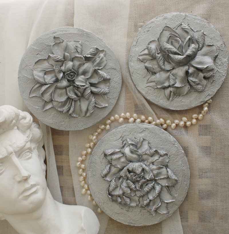 Set of 3 gypsum panels, floral texture wall decor, sculpture painting - 壁貼/牆壁裝飾 - 其他材質 