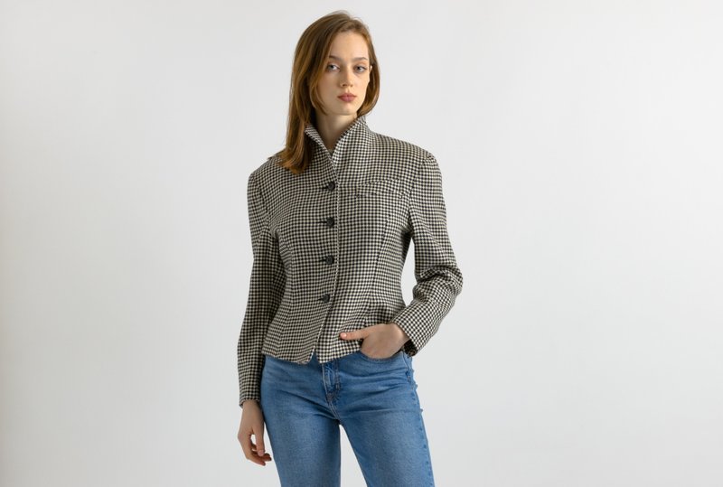 Vtg Rare Pure Wool Woolmark Black White Check Blazer Small Jacket 7065 - 女西裝外套 - 羊毛 黑色