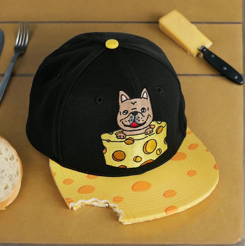 Canned creative cheese bite French bulldog surrounding funny sunscreen big head adjustable duckbill baseball cap - หมวก - วัสดุอื่นๆ สีส้ม