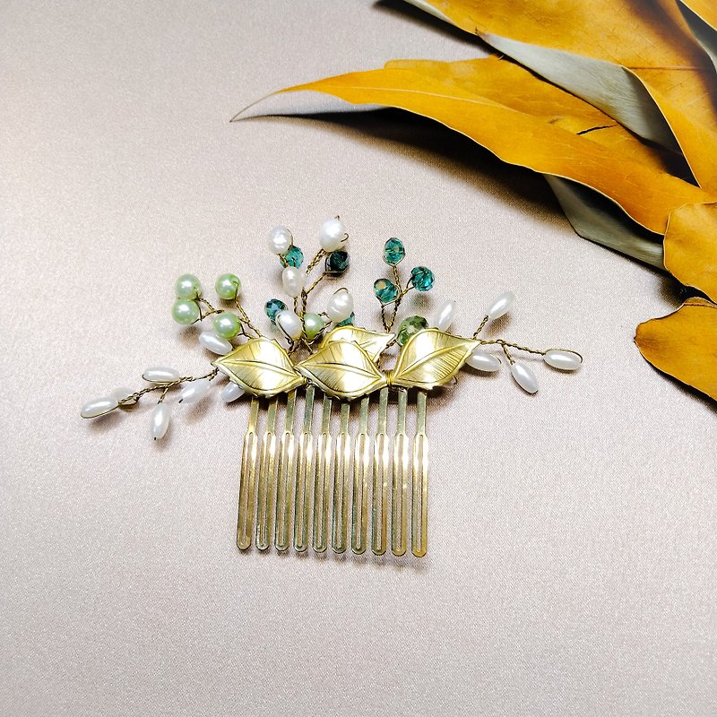 Wearing a happy rice ear series - bridal hair comb. French comb. Self-service wedding 049-6 - เครื่องประดับผม - โลหะ สีทอง
