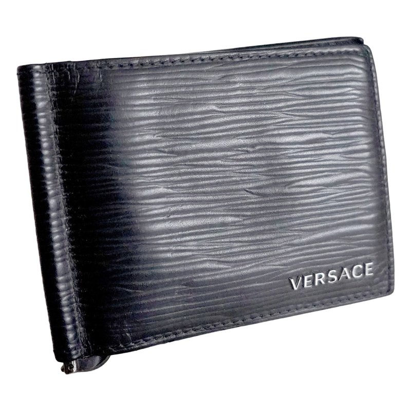 全新VERSACE 黑色真皮牛皮竹節紋短銀包卡包錢包 意大利奢侈名牌 - 錢包/皮夾/長短夾 - 真皮 黑色