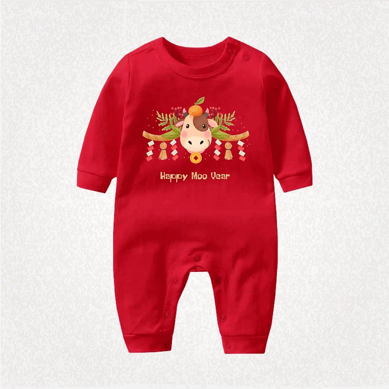 牛到吉祥 長袖連身包屁衣 紅 可姓名客製 寶寶 嬰兒 滿月 禮物 - 嬰兒連身衣/包被/包巾 - 棉．麻 紅色