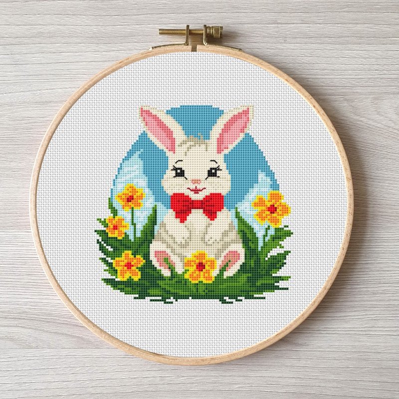 Happy Easter cross stitch pattern pdf, Banny embroidery DIY Easter floral design - 其他數位設計 - 其他材質 