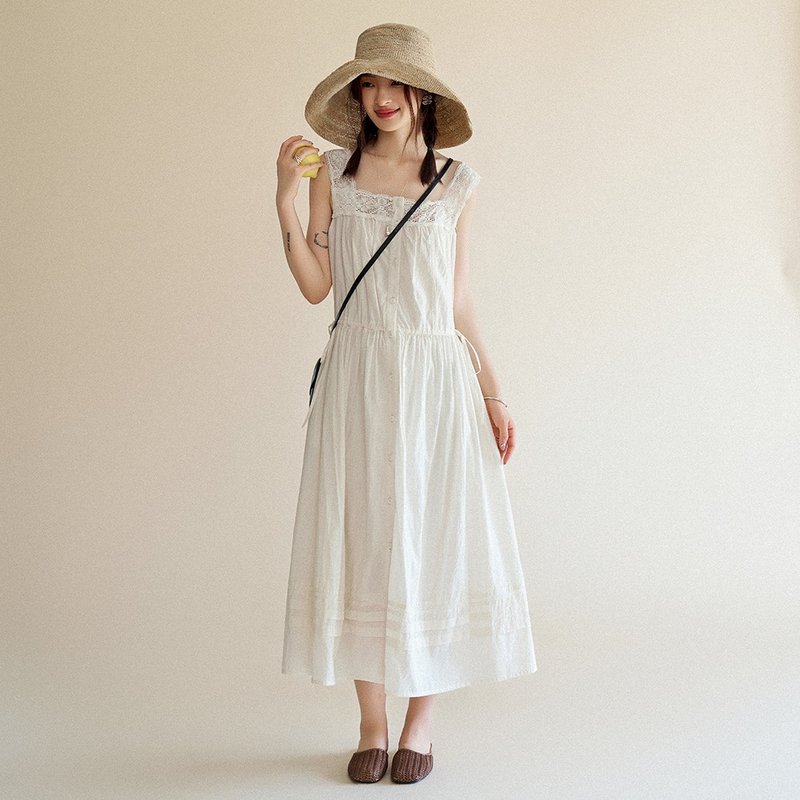 Spliced ​​lace shoulder strap sundress|dress|dress|summer style|Sora-1563 - ชุดเดรส - ผ้าฝ้าย/ผ้าลินิน ขาว