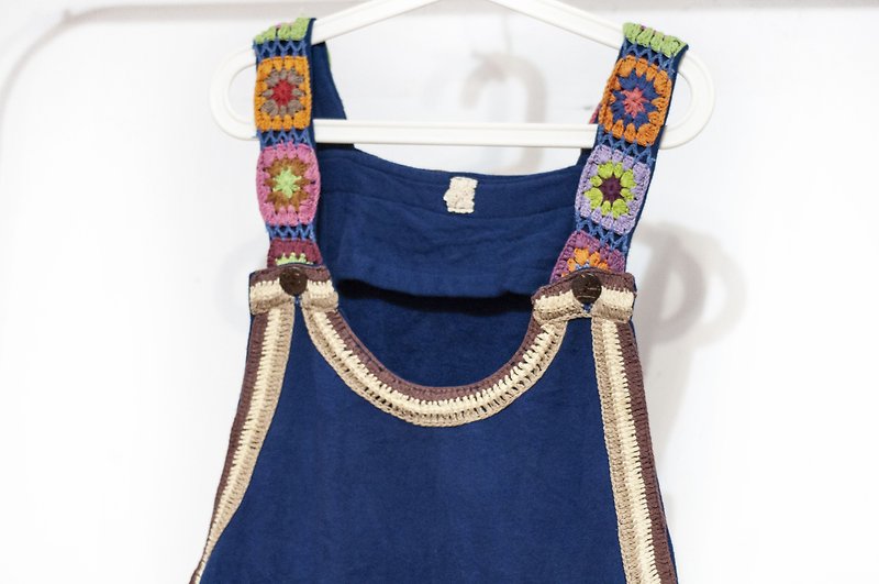 Wei Xiao Hand-woven Pocket Thick Cotton Dress/Flower One-piece Dress/Bohemian Style Umbrella Sling Dress-Blue - ชุดเดรส - ผ้าฝ้าย/ผ้าลินิน สีน้ำเงิน