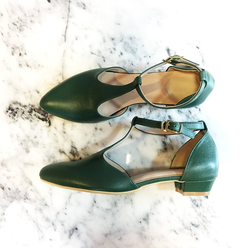/Classic Girl Series No.3/ ANNE / Anne of Green Gables - T-strap Pumps - รองเท้าส้นสูง - หนังแท้ สีเขียว
