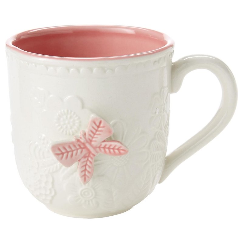 White pottery relief Mug - Butterfly US - แก้วมัค/แก้วกาแฟ - วัสดุอื่นๆ ขาว