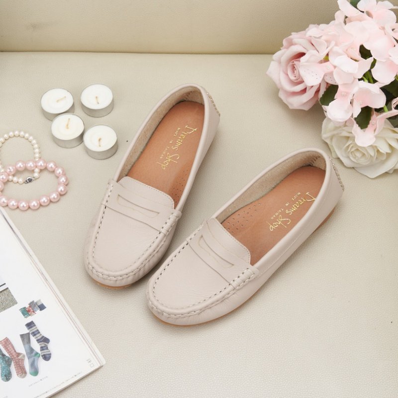 Arch Support_Simple stitch moccasin casual shoes Mi Xing - รองเท้าลำลองผู้หญิง - หนังแท้ สีกากี