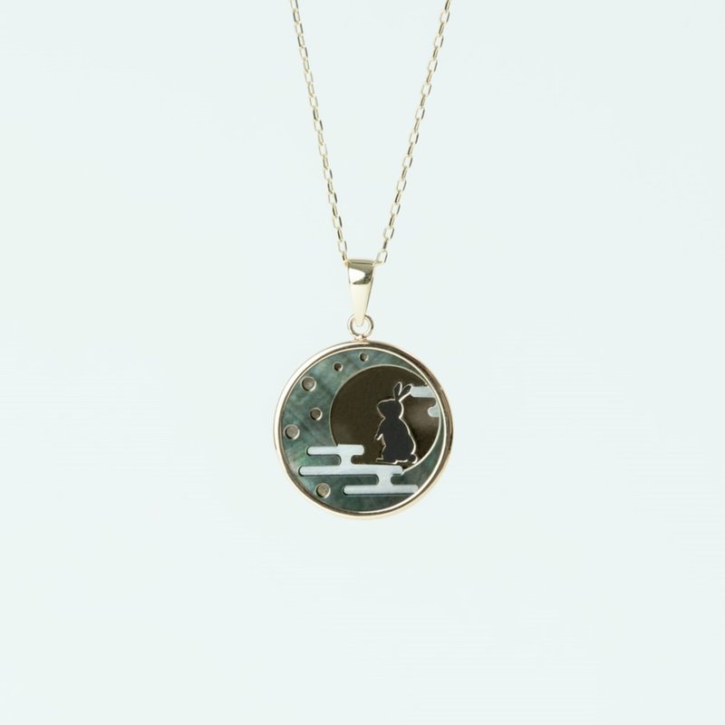 K10YG Layered Moon and Rabbit Pendant - Necklaces - Other Metals Gold