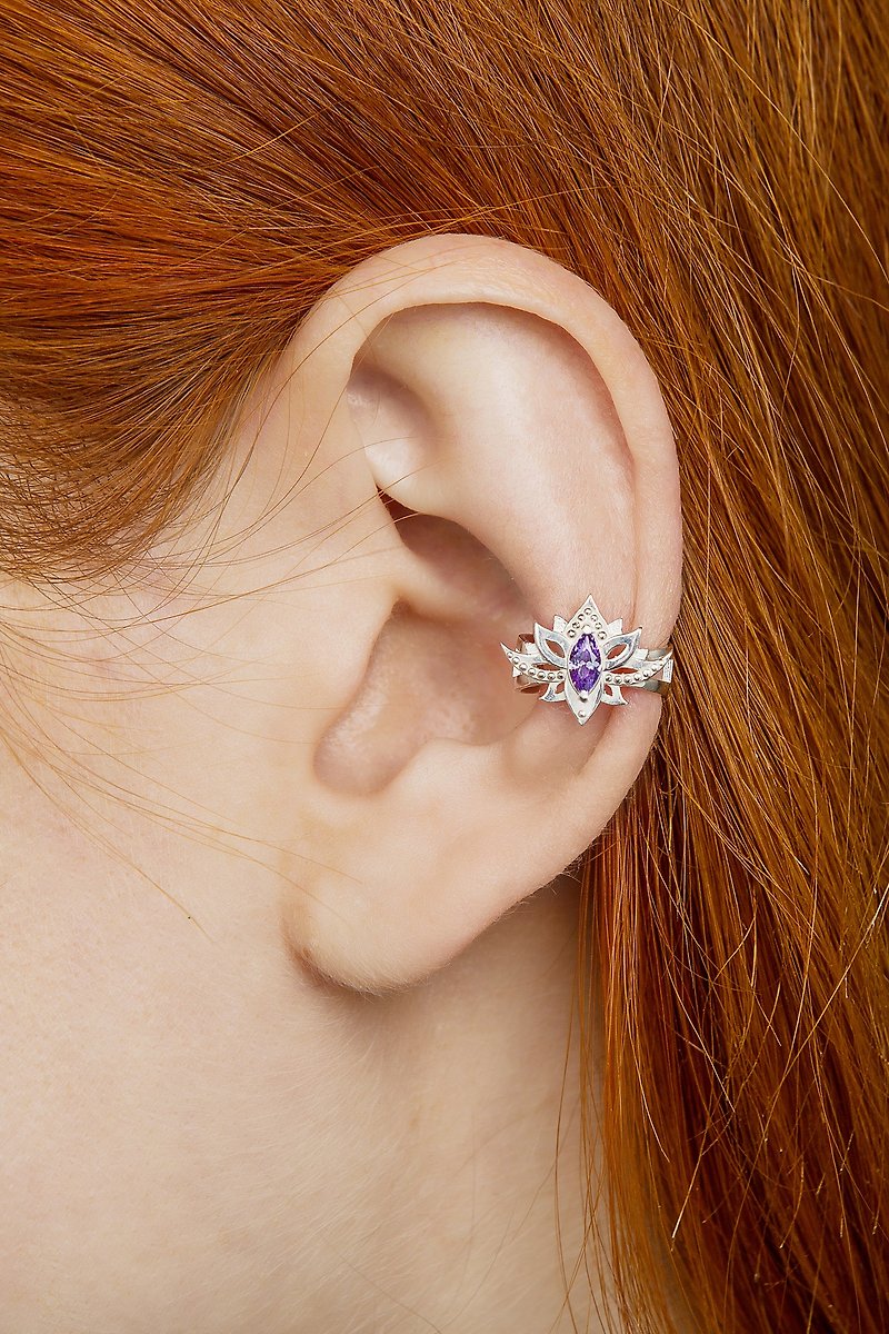 Lotus flower ear cuff silver, Lotus earring - Earrings & Clip-ons - Sterling Silver Silver