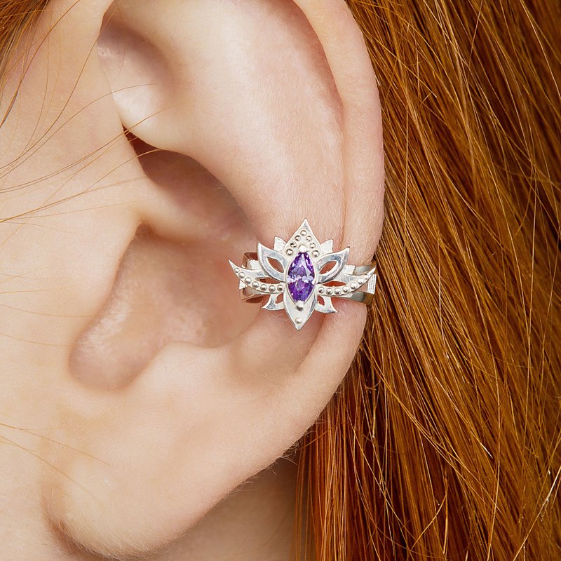 Lotus flower ear cuff silver, Lotus earring - 耳環/耳夾/耳骨夾 - 純銀 銀色