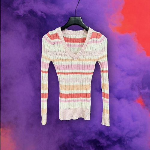 蘿綺莉蕾芭索 粉紅白 針織 條紋感織紋 條紋 微銀蔥 彈性 緊身 長袖 上衣 G103