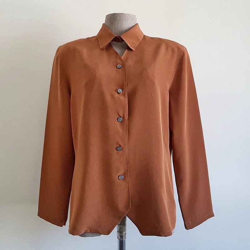 Large Vintage Brown Keyhole Blouse Womens Long Sleeve Shirt L - 女上衣/長袖上衣 - 聚酯纖維 咖啡色