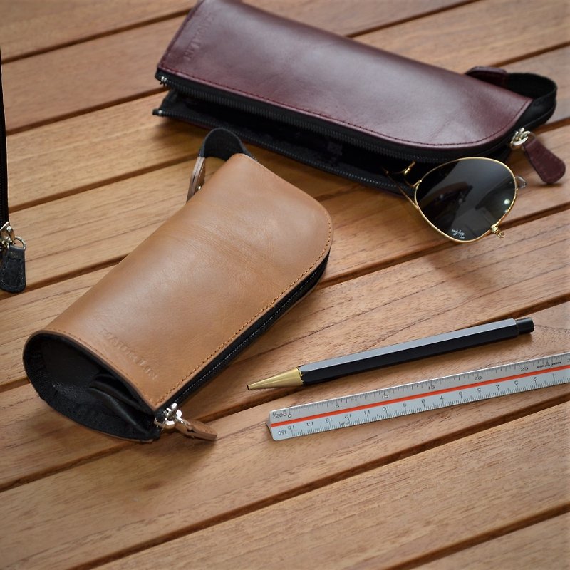 [MAJORLIN] multifunctional storage bag leather hand-made leather pencil case glasses box cosmetic bag - กล่องดินสอ/ถุงดินสอ - หนังแท้ สีส้ม