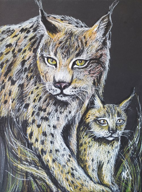 Nadinart Portrait of a lynx and cub PAINTING OIL PASTEL PET PORTRAIT ANIMAL ORIGINAL ART