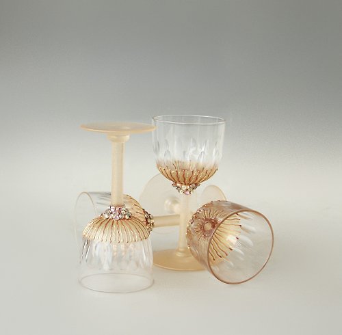 NeA Glass Shot Glasses, gold-rose gold and crystals Vintage Glassware set of 4