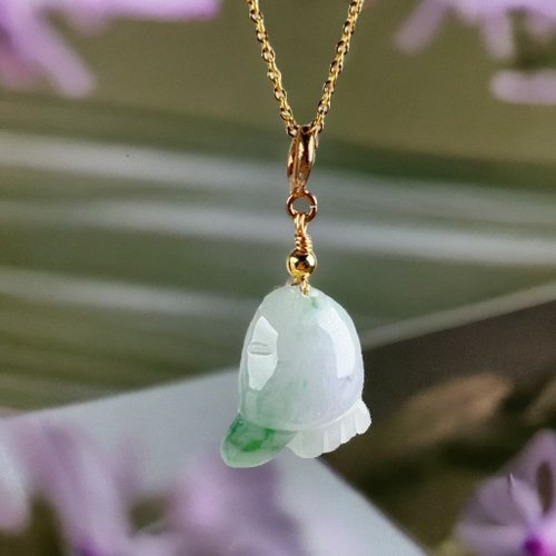 瓔珞翡翠 飄綠花翡翠知足常樂項鍊 14K包金 | 天然緬甸玉A貨翡翠 | 送禮
