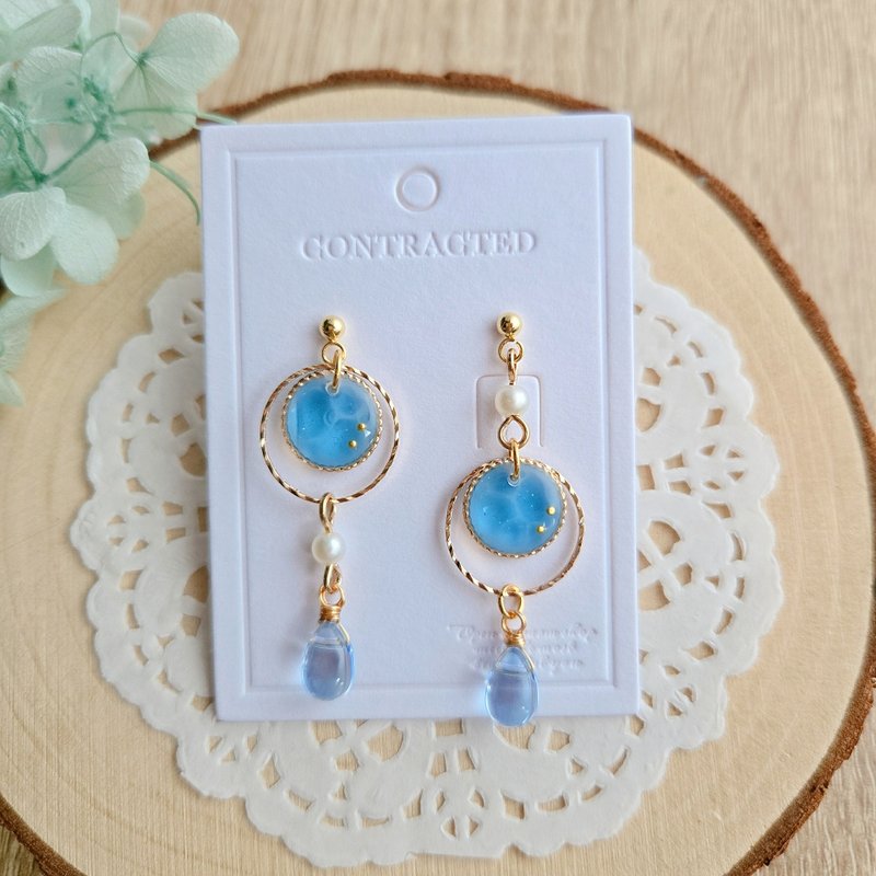 Valentine's Day 316 Medical Steel Blue Earrings Ocean Wind Wave Pearl Summer Ear Needles Clip-On Valentine's Day - ต่างหู - เรซิน สีเขียว