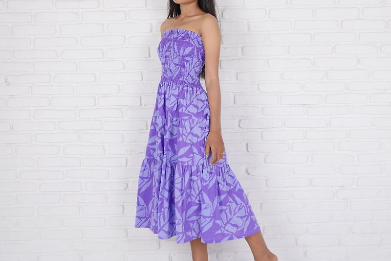 Batik Dyeing Reef Pattern Tiered Dress <Purple> - ชุดเดรส - วัสดุอื่นๆ สีม่วง