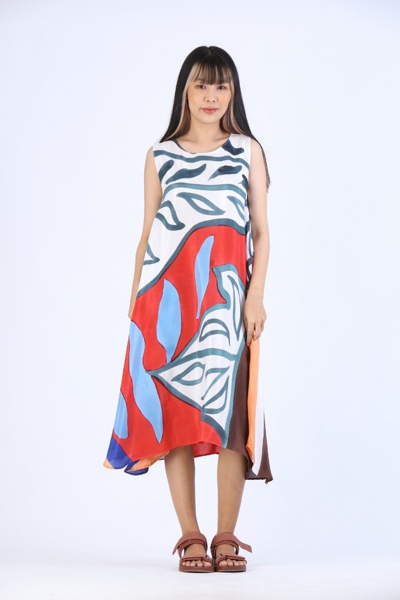Dress Hand Paint Soft Cotton Silk for Yoga Vacation Holidays - 洋裝/連身裙 - 棉．麻 紅色