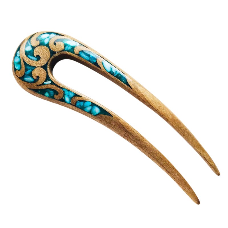 Hair clip, hair pin, carved wooden hair fork with blue stones, gift for her - Hair Accessories - Wood Blue