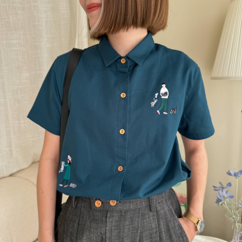 Embroidery Shirt : Naughty Cat l Peacock Blue S/M/L - Women's Shirts - Cotton & Hemp Blue