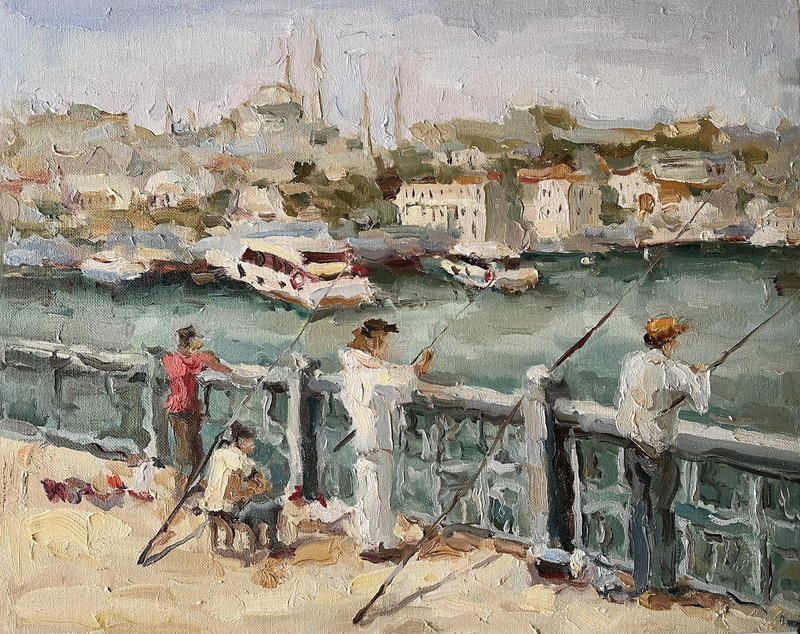 Istanbul Painting Original Art Oil Painting Bosphorus Impasto Wall Art Turkish - ตกแต่งผนัง - วัสดุอื่นๆ สีน้ำเงิน