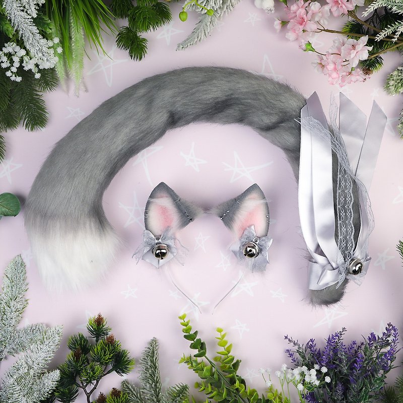 Grey Cat Ears and Tail Set - 髮夾/髮飾 - 其他材質 灰色