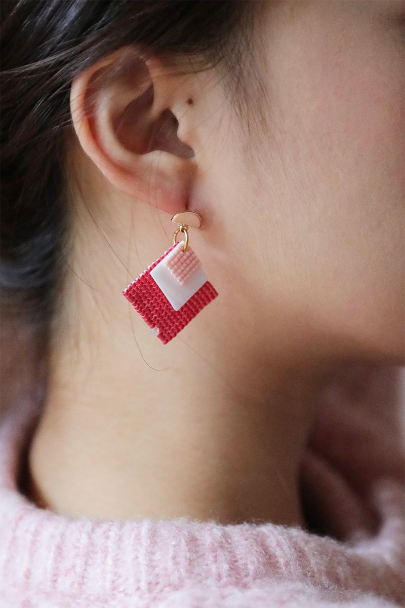 Three Layers Square Earring - Earrings & Clip-ons - Other Materials Red