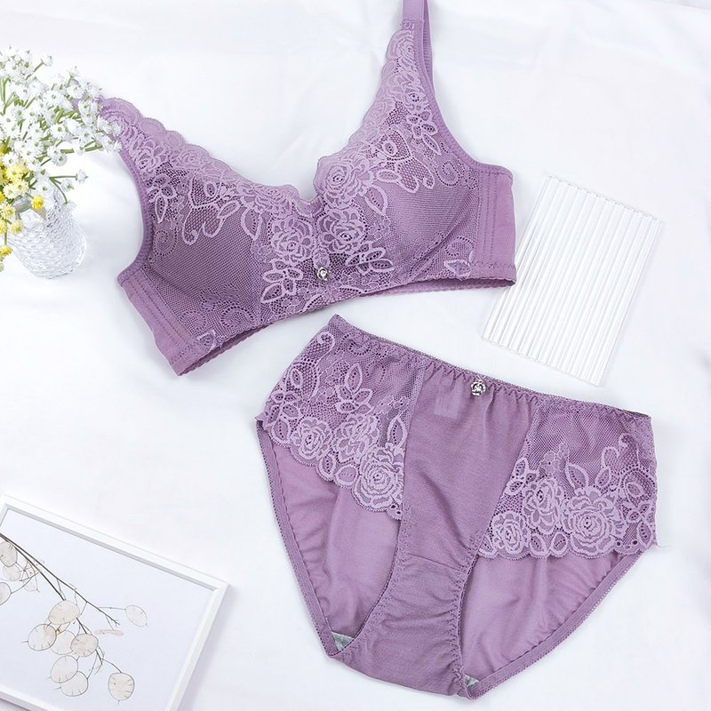 Pink Lady Wireless AB Cup Rose Zixia Bottom Thick Top Thin Concentrated Covering Single-piece Underwear - ชุดชั้นในผู้หญิง - ไฟเบอร์อื่นๆ สีม่วง