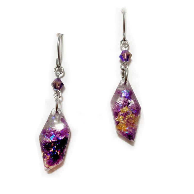 Dried Flowers Deep Purple Gypsophila Crystal Drop Earrings - ต่างหู - เรซิน สีม่วง