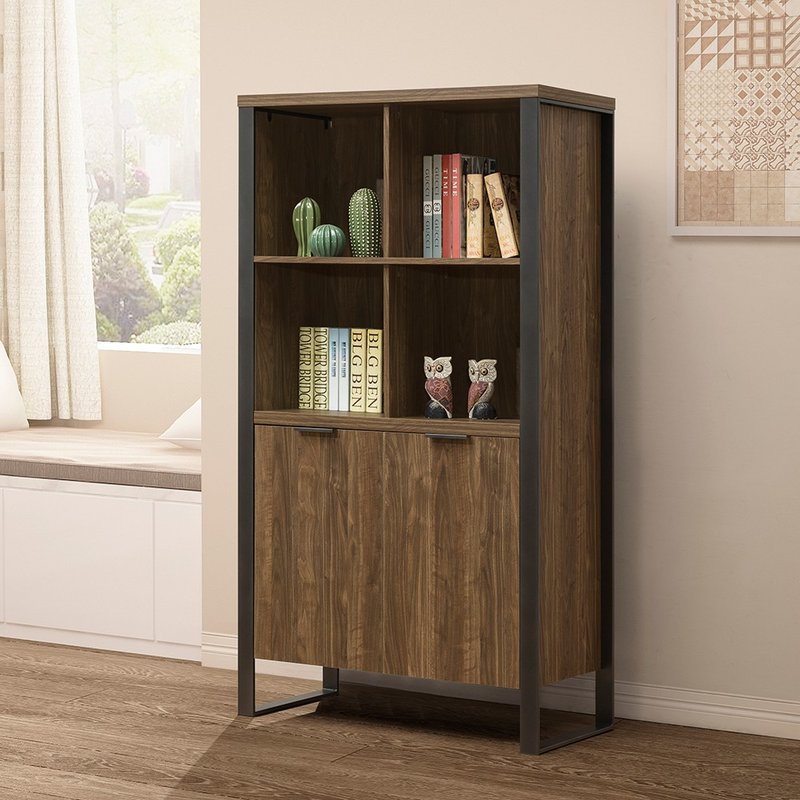 3 feet classic double-door open bookcase walnut color (Abbode) home decoration - ชั้นวางหนังสือ - ไม้ สีนำ้ตาล