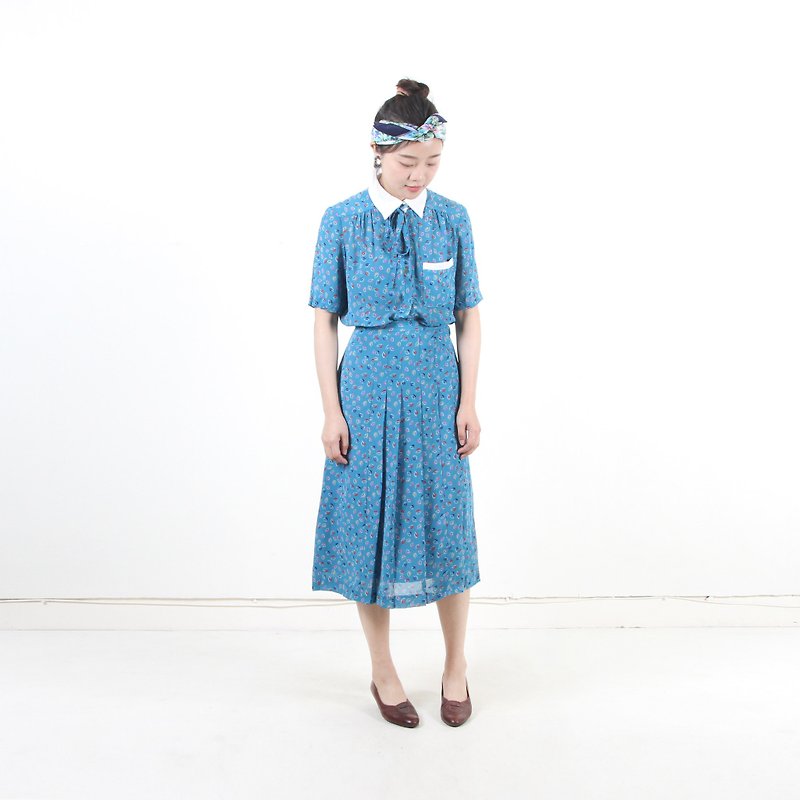 [Egg Plant Vintage]White collar two-piece vintage dress set - One Piece Dresses - Polyester Blue